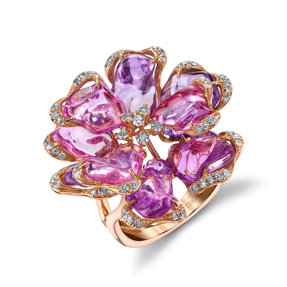 Designer floral tumbled sapphire and diamond ring by Parade Design.