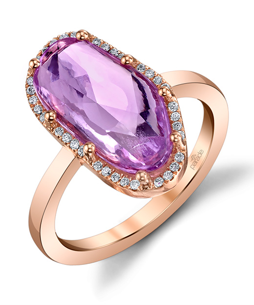 Designer diamond halo and pink sapphire fashion ring by Parade Design.