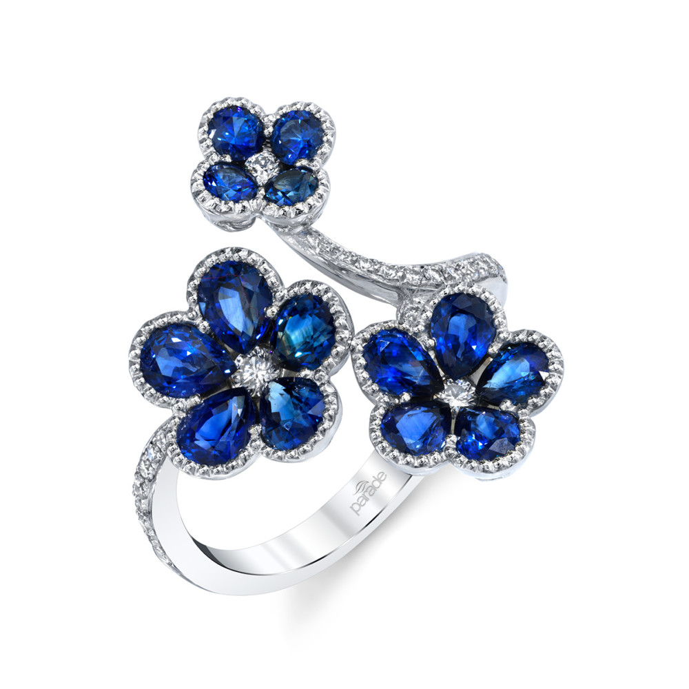 Designer diamond and blue sapphire floral cluster fashion ring by Parade Design.
